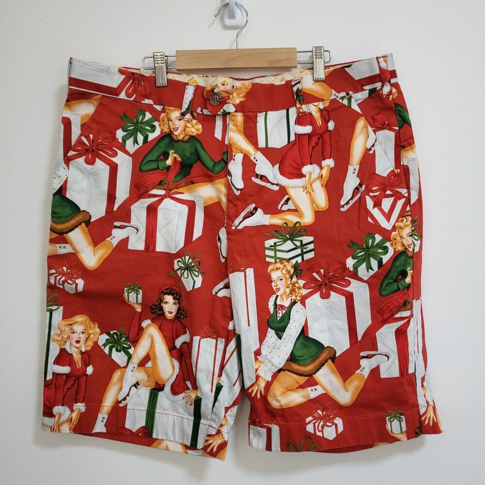 LOUDMOUTH Christmas Golf Shorts Mens 38 Red White Pinup Girls Ladies Unique